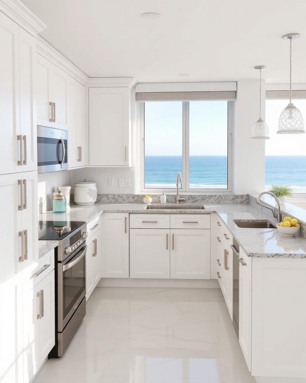 Bright oceanfront condo kitchen with white cabinets, granite counters, and Atlantic views